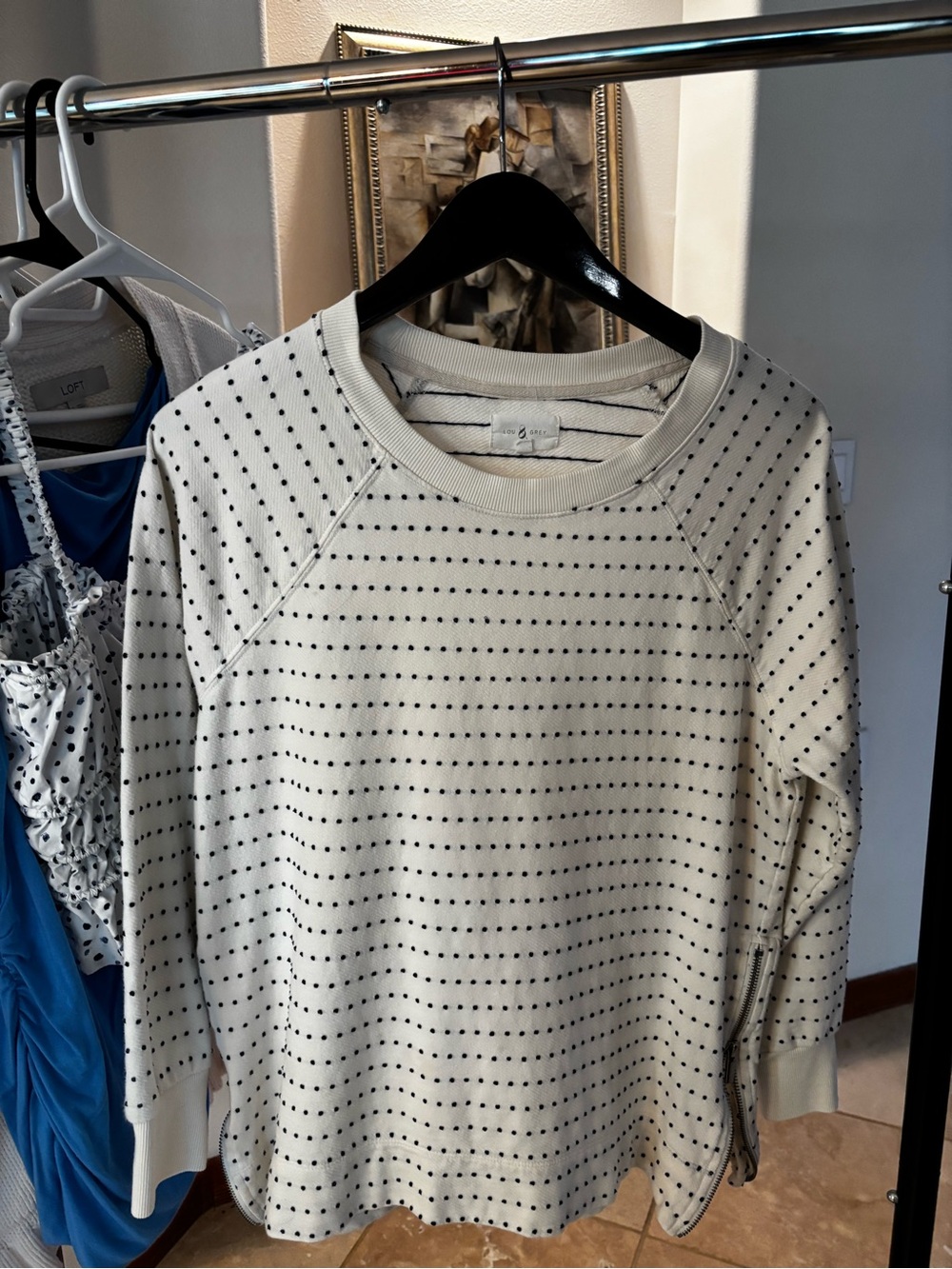 Lou & Grey Cream Waffle-Knit Sweatshirt with Black Dot Stripe